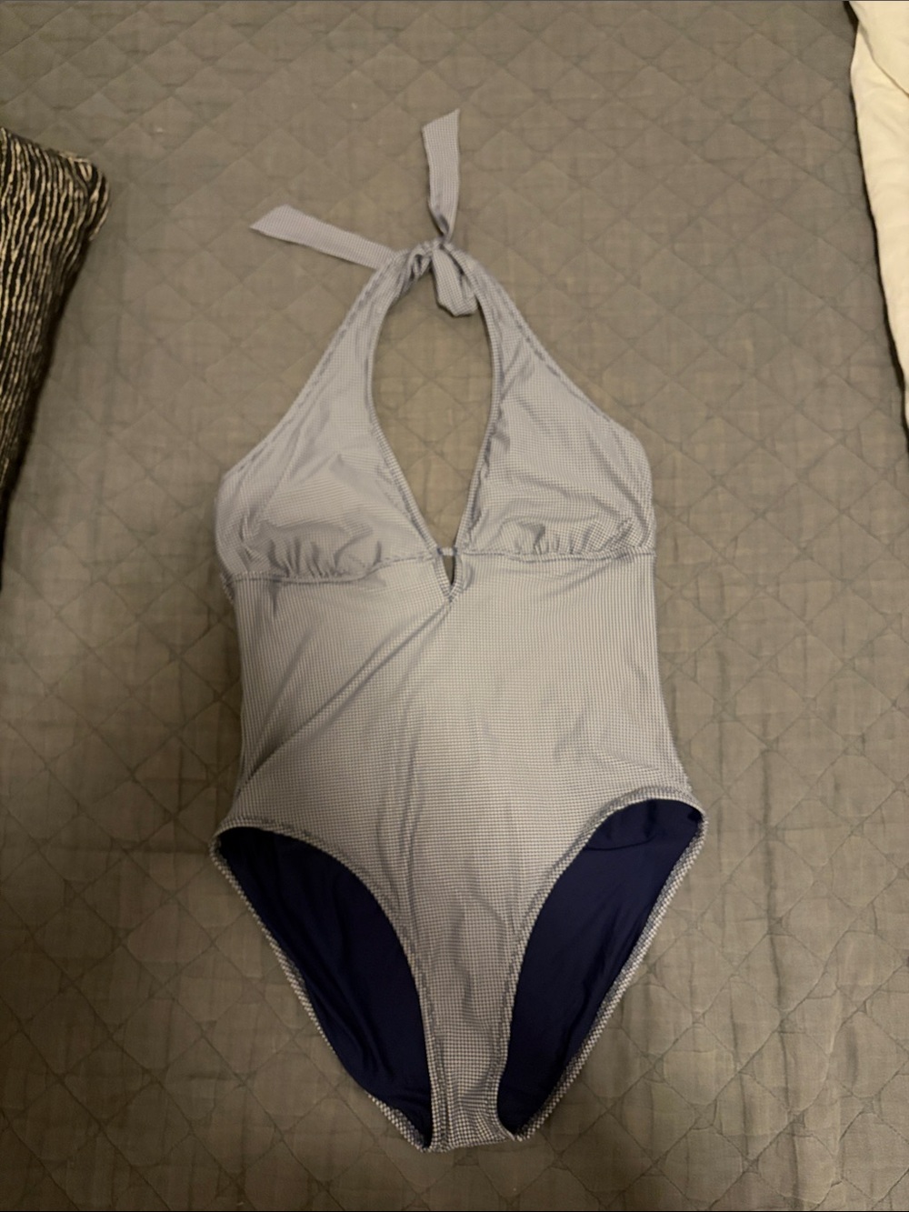 Draper James Navy Blue Gingham Halter One-Piece Swimsuit